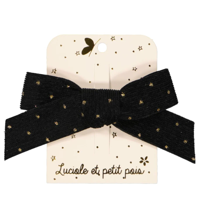 Barrette noeud princesse - Ruban velours noir pois or