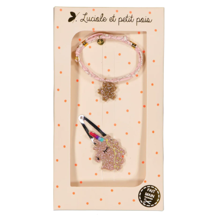 Coffret cadeau - Barrette & Bracelet - Capel rose & Licorne